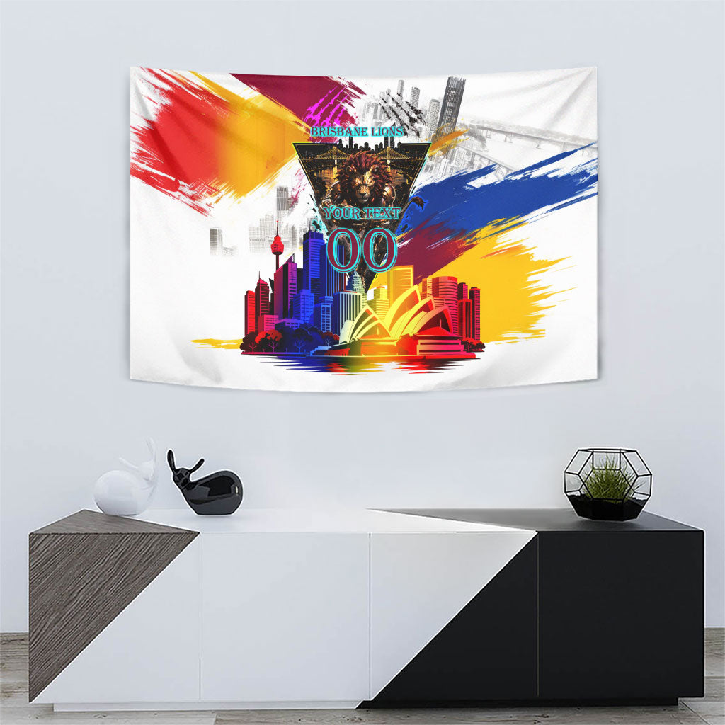 Personalised Brisbane Lions Football Tapestry Australia City Skyline Graphic Fierce Mascot Art