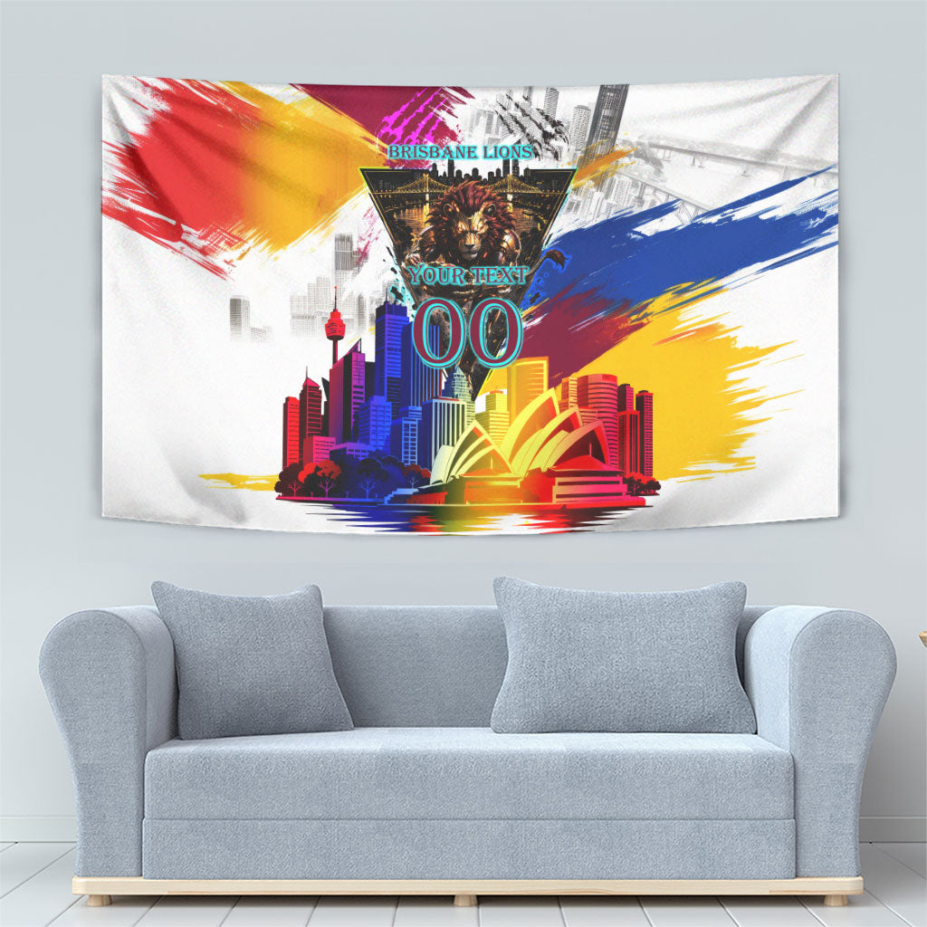 Personalised Brisbane Lions Football Tapestry Australia City Skyline Graphic Fierce Mascot Art