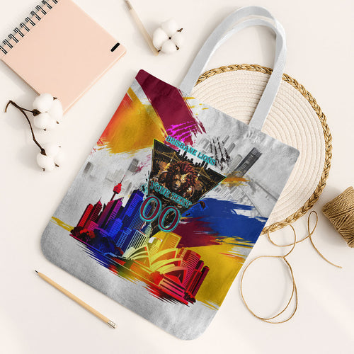 Personalised Brisbane Lions Football Tote Bag Australia City Skyline Graphic Fierce Mascot Art