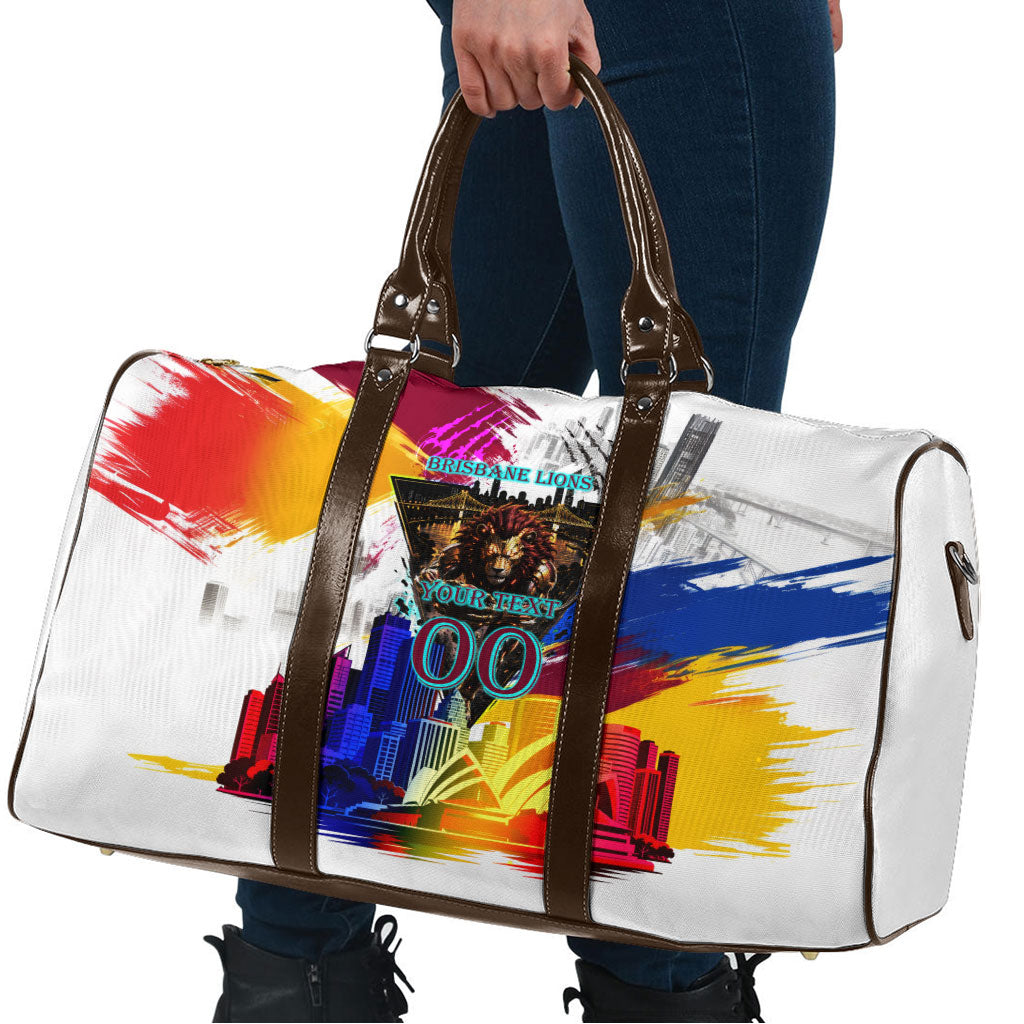 Personalised Brisbane Lions Football Travel Bag Australia City Skyline Graphic Fierce Mascot Art