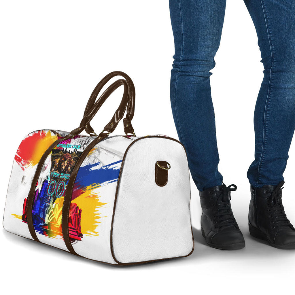Personalised Brisbane Lions Football Travel Bag Australia City Skyline Graphic Fierce Mascot Art