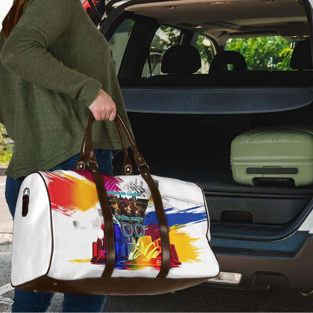 Personalised Brisbane Lions Football Travel Bag Australia City Skyline Graphic Fierce Mascot Art