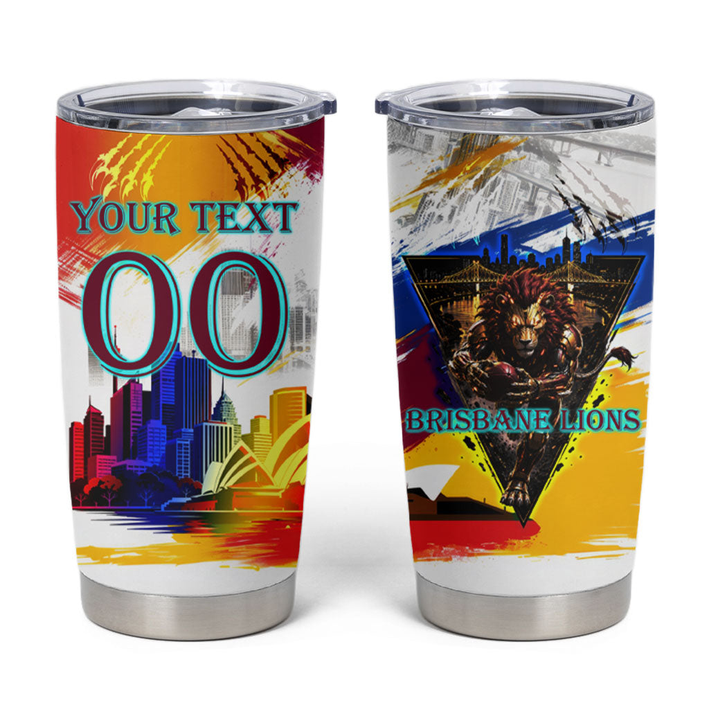 Personalised Brisbane Lions Football Tumbler Cup Australia City Skyline Graphic Fierce Mascot Art