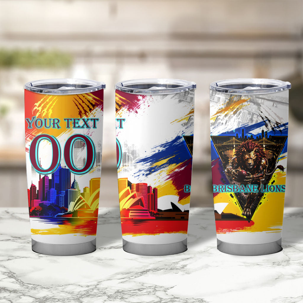 Personalised Brisbane Lions Football Tumbler Cup Australia City Skyline Graphic Fierce Mascot Art