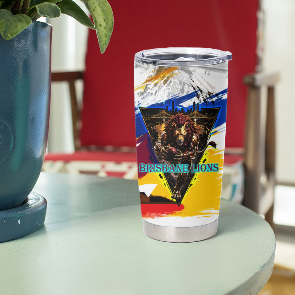 Personalised Brisbane Lions Football Tumbler Cup Australia City Skyline Graphic Fierce Mascot Art