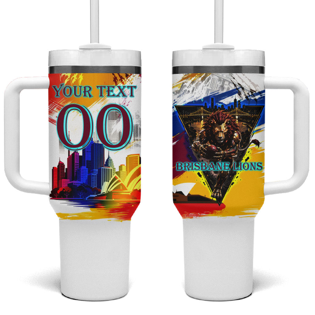 Personalised Brisbane Lions Football Tumbler With Handle Australia City Skyline Graphic Fierce Mascot Art