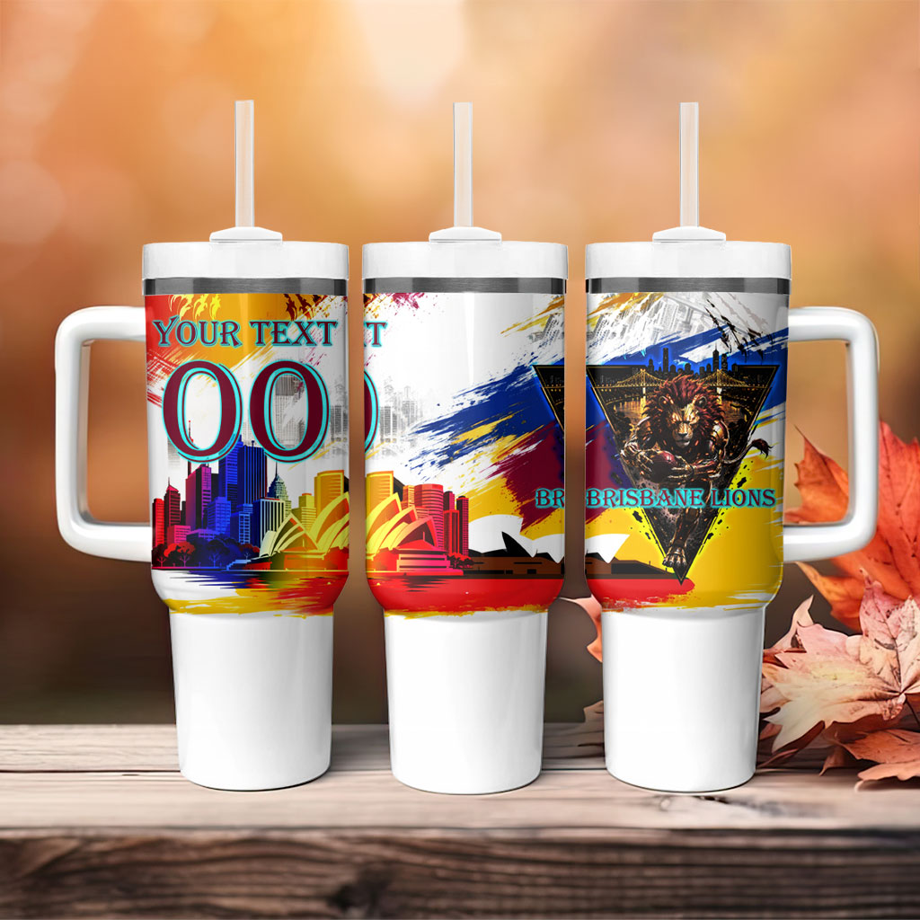 Personalised Brisbane Lions Football Tumbler With Handle Australia City Skyline Graphic Fierce Mascot Art