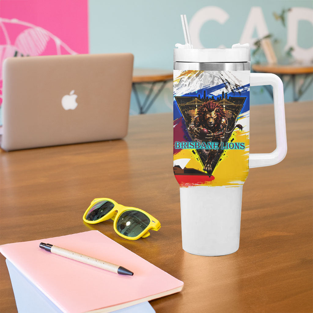 Personalised Brisbane Lions Football Tumbler With Handle Australia City Skyline Graphic Fierce Mascot Art