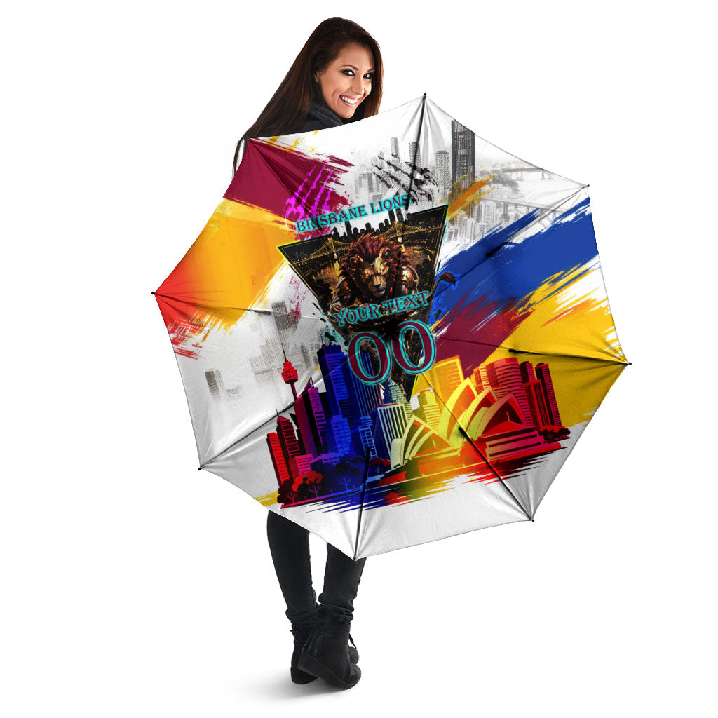 Personalised Brisbane Lions Football Umbrella Australia City Skyline Graphic Fierce Mascot Art