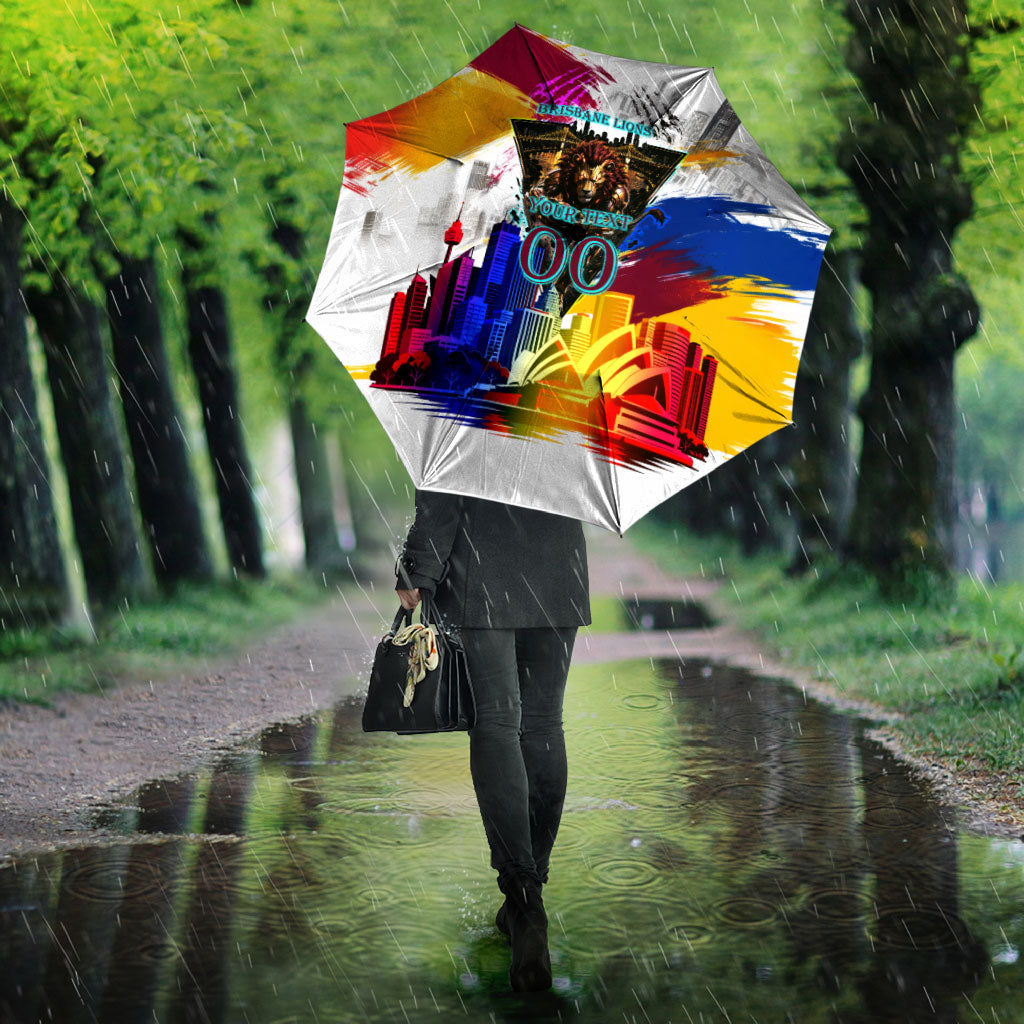Personalised Brisbane Lions Football Umbrella Australia City Skyline Graphic Fierce Mascot Art