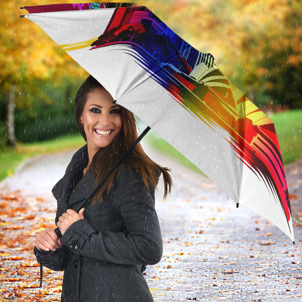 Personalised Brisbane Lions Football Umbrella Australia City Skyline Graphic Fierce Mascot Art