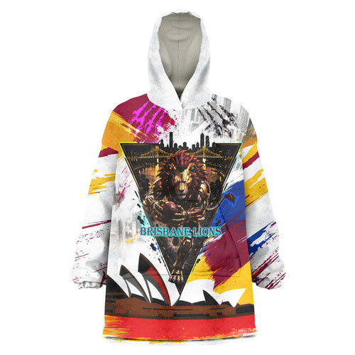Personalised Brisbane Lions Football Wearable Blanket Hoodie Australia City Skyline Graphic Fierce Mascot Art