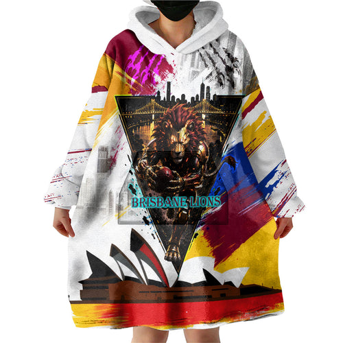 Personalised Brisbane Lions Football Wearable Blanket Hoodie Australia City Skyline Graphic Fierce Mascot Art