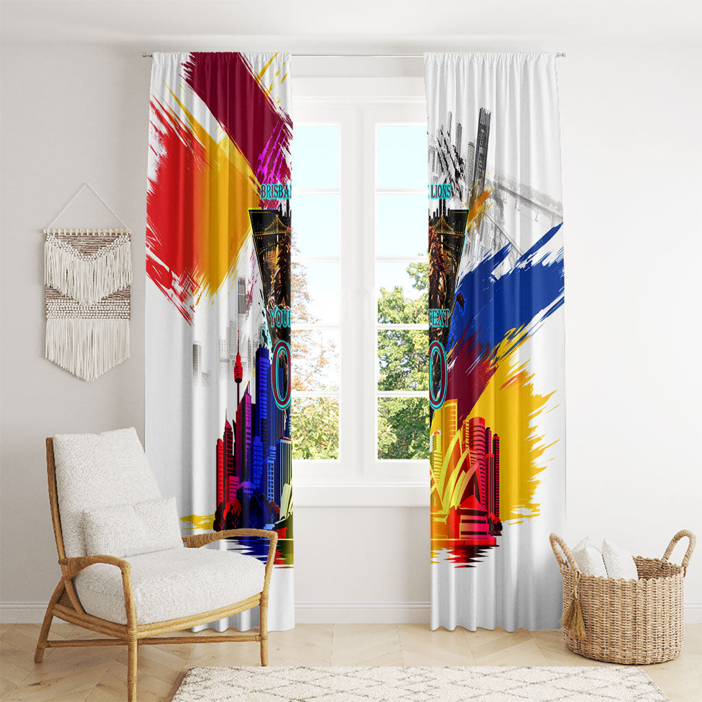 Personalised Brisbane Lions Football Window Curtain Australia City Skyline Graphic Fierce Mascot Art