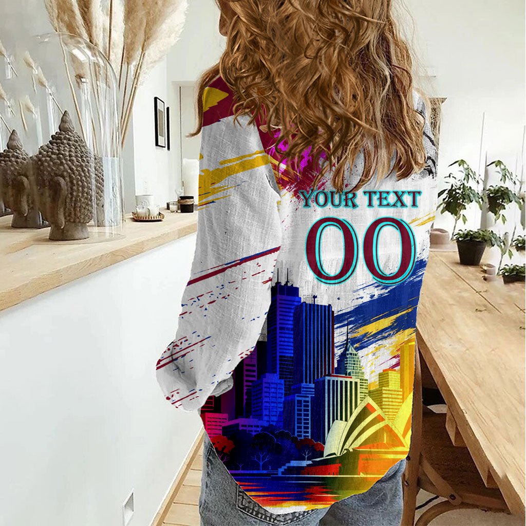 Personalised Brisbane Lions Football Women Casual Shirt Australia City Skyline Graphic Fierce Mascot Art