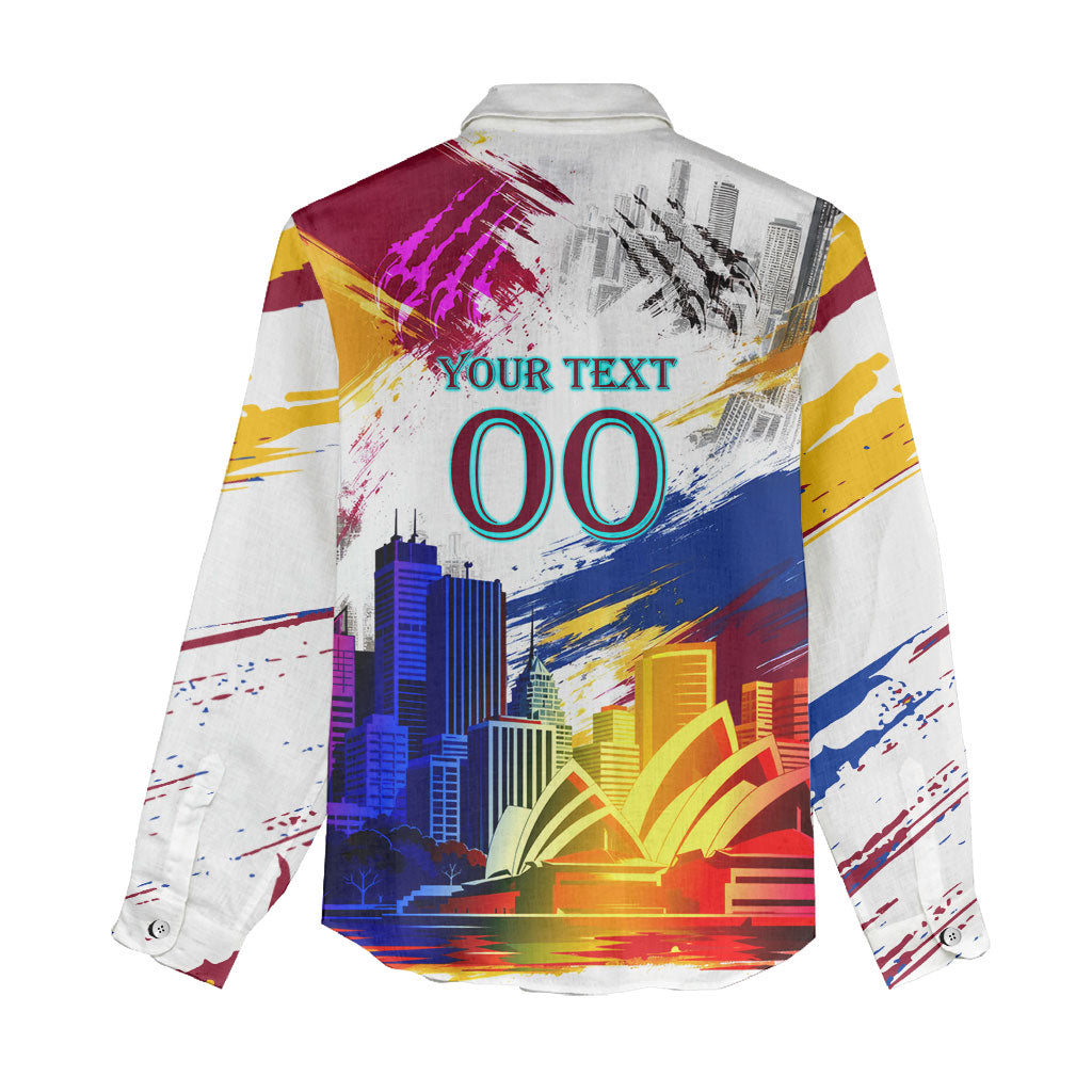 Personalised Brisbane Lions Football Women Casual Shirt Australia City Skyline Graphic Fierce Mascot Art