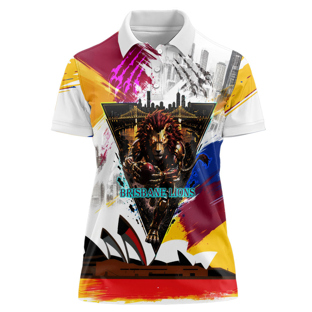 Personalised Brisbane Lions Football Women Polo Shirt Australia City Skyline Graphic Fierce Mascot Art