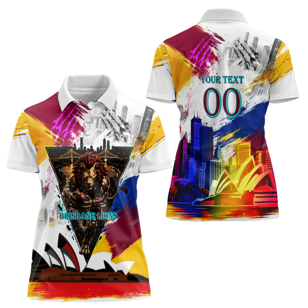 Personalised Brisbane Lions Football Women Polo Shirt Australia City Skyline Graphic Fierce Mascot Art
