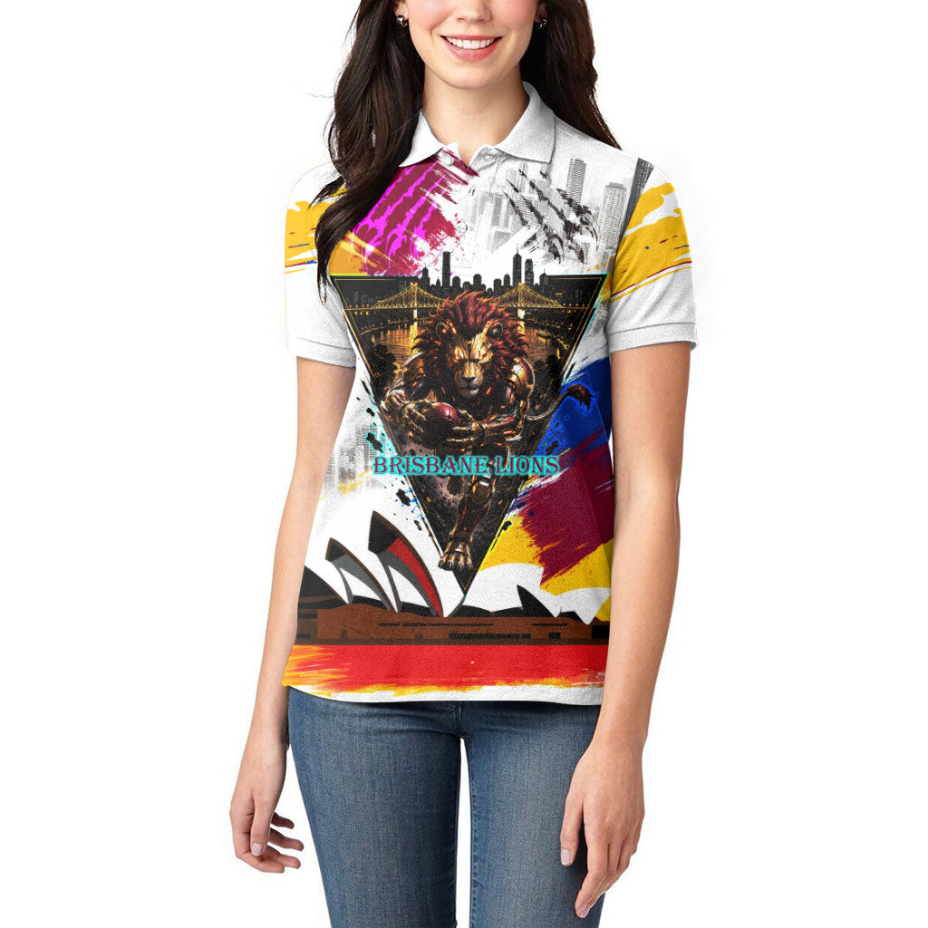 Personalised Brisbane Lions Football Women Polo Shirt Australia City Skyline Graphic Fierce Mascot Art