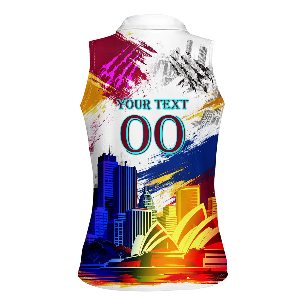 Personalised Brisbane Lions Football Women Sleeveless Polo Shirt Australia City Skyline Graphic Fierce Mascot Art