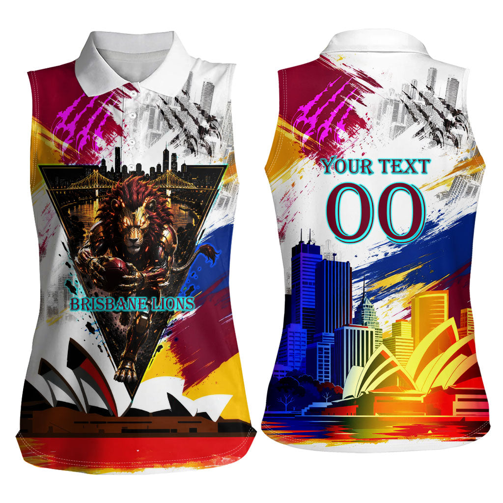 Personalised Brisbane Lions Football Women Sleeveless Polo Shirt Australia City Skyline Graphic Fierce Mascot Art