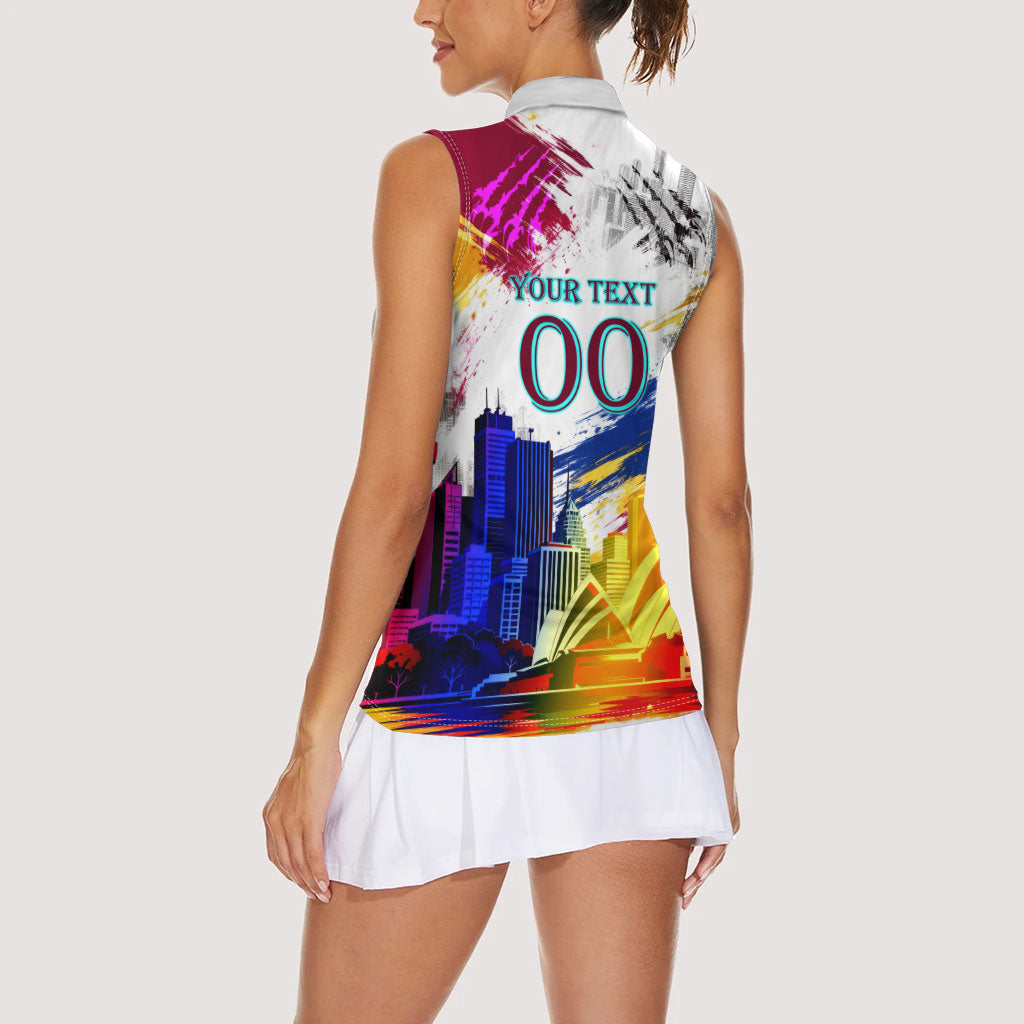 Personalised Brisbane Lions Football Women Sleeveless Polo Shirt Australia City Skyline Graphic Fierce Mascot Art