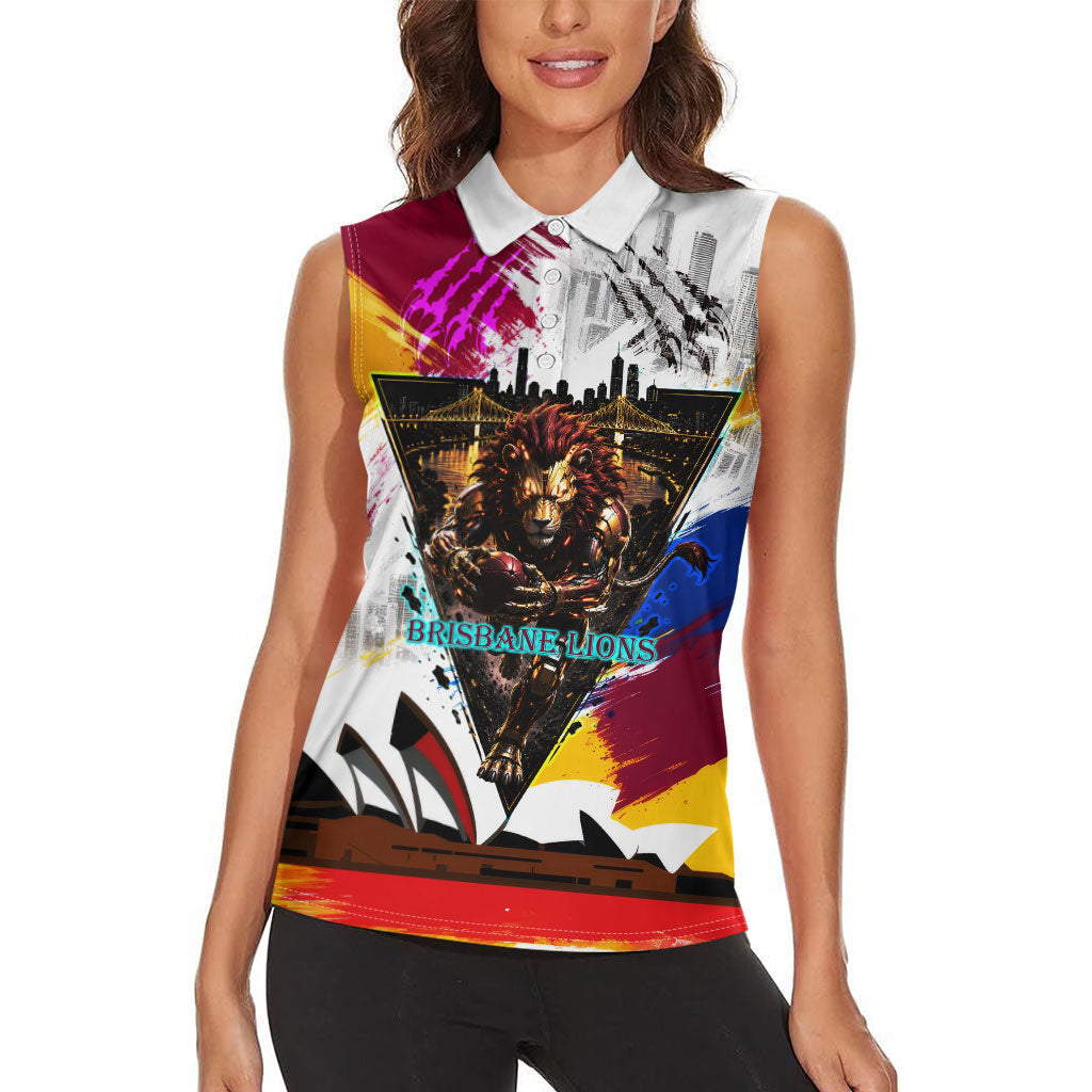 Personalised Brisbane Lions Football Women Sleeveless Polo Shirt Australia City Skyline Graphic Fierce Mascot Art