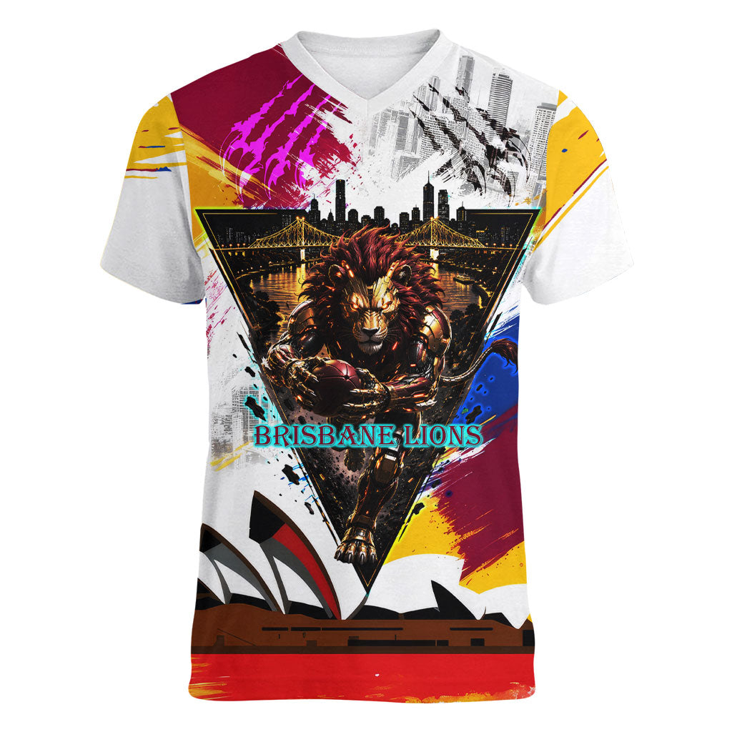 Personalised Brisbane Lions Football Women V-Neck T-Shirt Australia City Skyline Graphic Fierce Mascot Art
