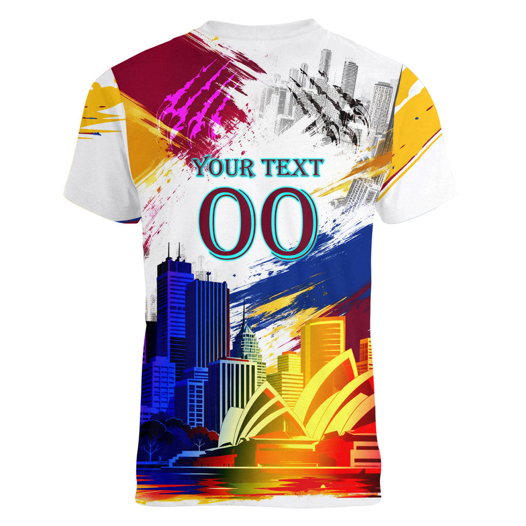Personalised Brisbane Lions Football Women V-Neck T-Shirt Australia City Skyline Graphic Fierce Mascot Art