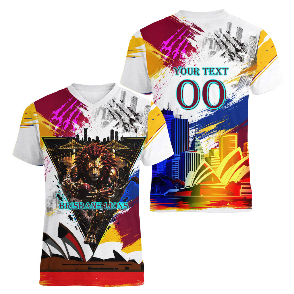 Personalised Brisbane Lions Football Women V-Neck T-Shirt Australia City Skyline Graphic Fierce Mascot Art