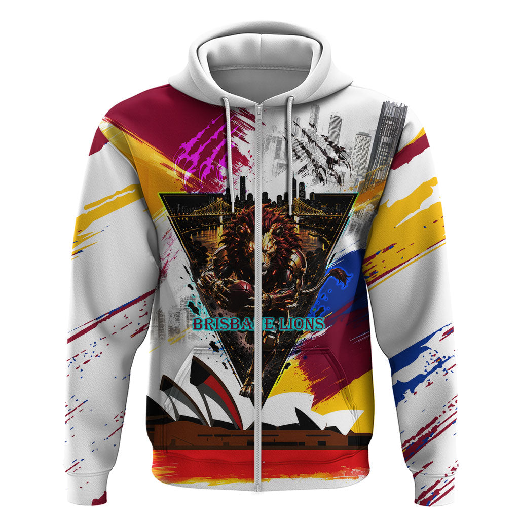 Personalised Brisbane Lions Football Zip Hoodie Australia City Skyline Graphic Fierce Mascot Art