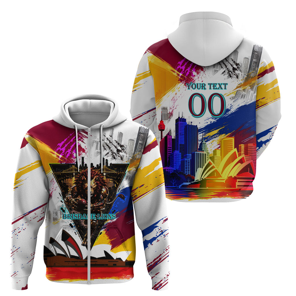 Personalised Brisbane Lions Football Zip Hoodie Australia City Skyline Graphic Fierce Mascot Art