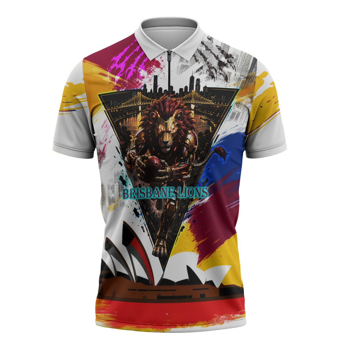 Personalised Brisbane Lions Football Zipper Polo Shirt Australia City Skyline Graphic Fierce Mascot Art