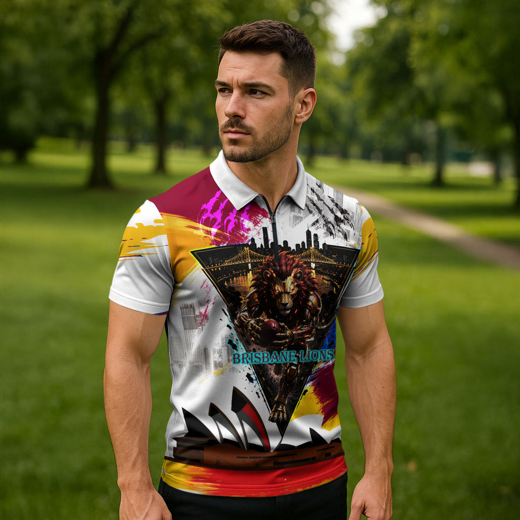 Personalised Brisbane Lions Football Zipper Polo Shirt Australia City Skyline Graphic Fierce Mascot Art