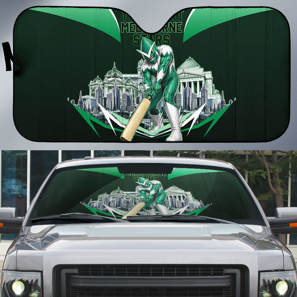 Personalised Melbourne Stars Cricket Mascot Skyline Auto Sun Shade Comic Style Superhero Mascot Fan Art Graphic