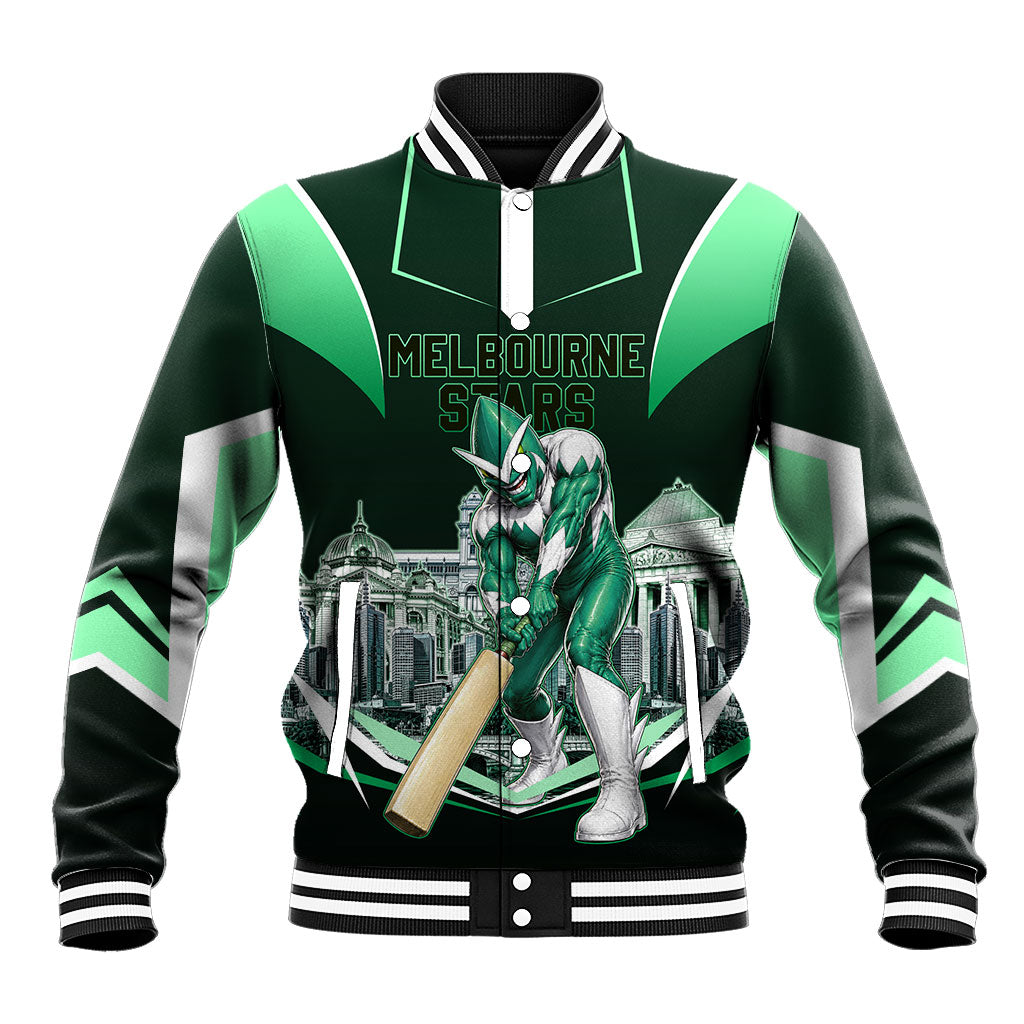Personalised Melbourne Stars Cricket Mascot Skyline Baseball Jacket Comic Style Superhero Mascot Fan Art Graphic