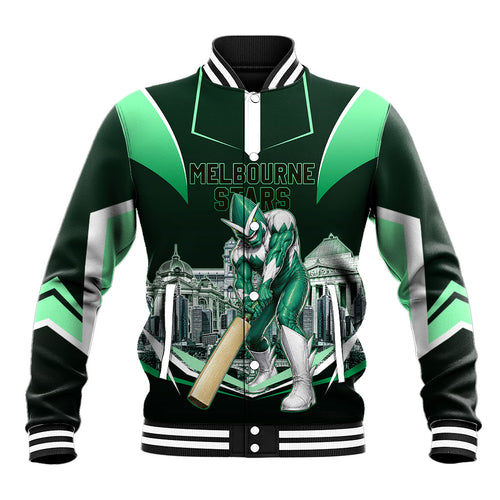 Personalised Melbourne Stars Cricket Mascot Skyline Baseball Jacket Comic Style Superhero Mascot Fan Art Graphic