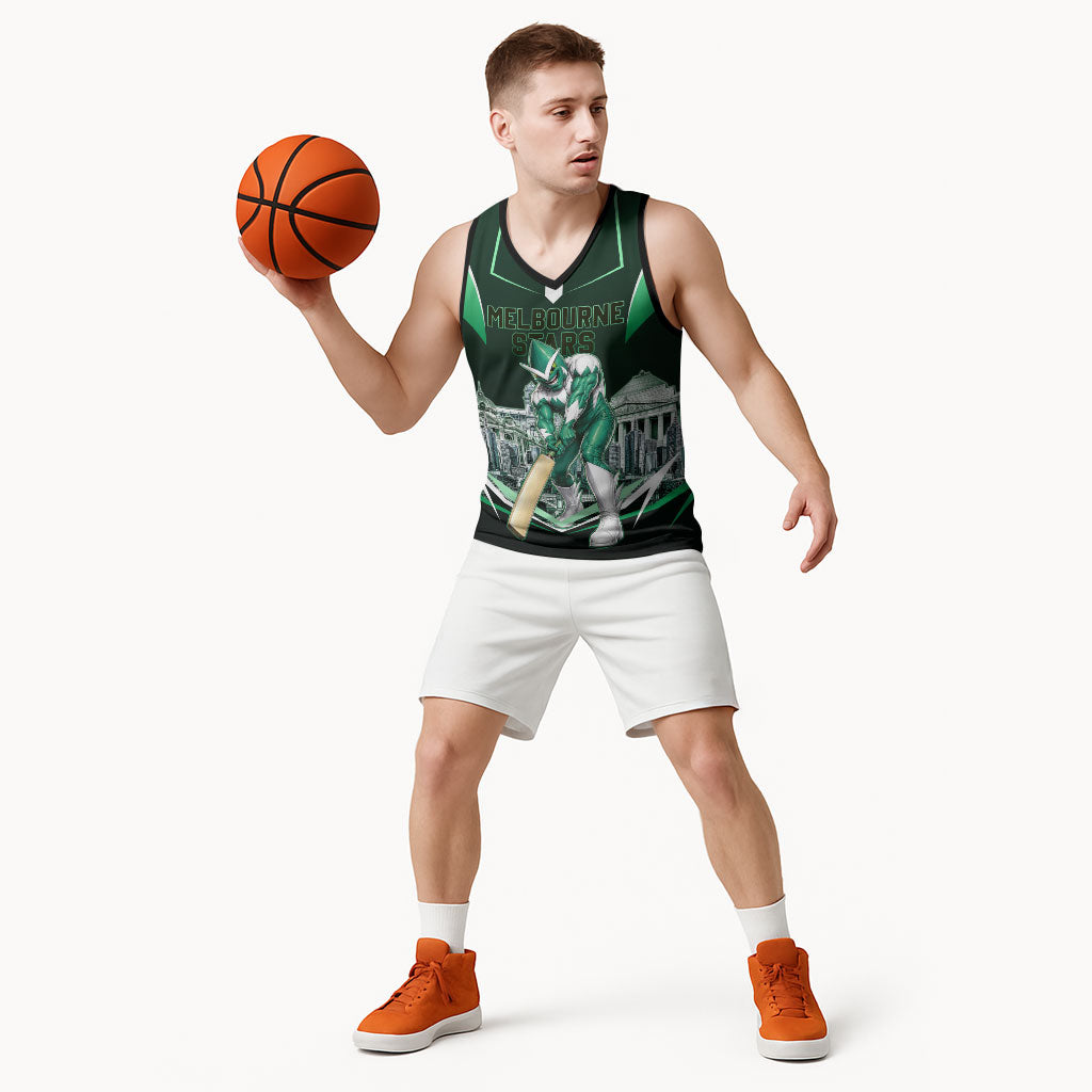 Personalised Melbourne Stars Cricket Mascot Skyline Basketball Jersey Comic Style Superhero Mascot Fan Art Graphic