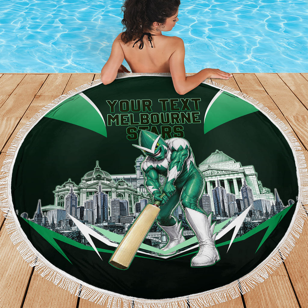 Personalised Melbourne Stars Cricket Mascot Skyline Beach Blanket Comic Style Superhero Mascot Fan Art Graphic