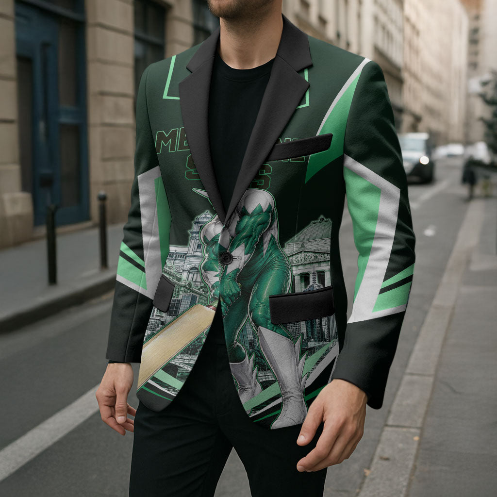 Personalised Melbourne Stars Cricket Mascot Skyline Blazer Comic Style Superhero Mascot Fan Art Graphic