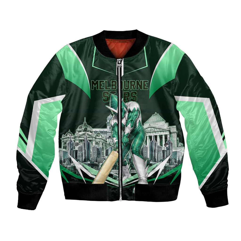 Personalised Melbourne Stars Cricket Mascot Skyline Bomber Jacket Comic Style Superhero Mascot Fan Art Graphic