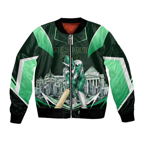Personalised Melbourne Stars Cricket Mascot Skyline Bomber Jacket Comic Style Superhero Mascot Fan Art Graphic