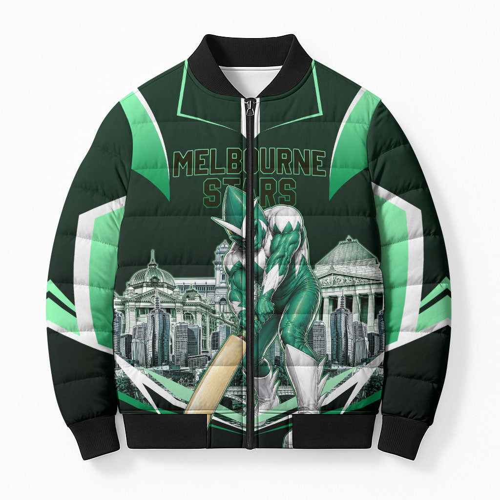 Personalised Melbourne Stars Cricket Mascot Skyline Bomber Puffer Jacket Comic Style Superhero Mascot Fan Art Graphic