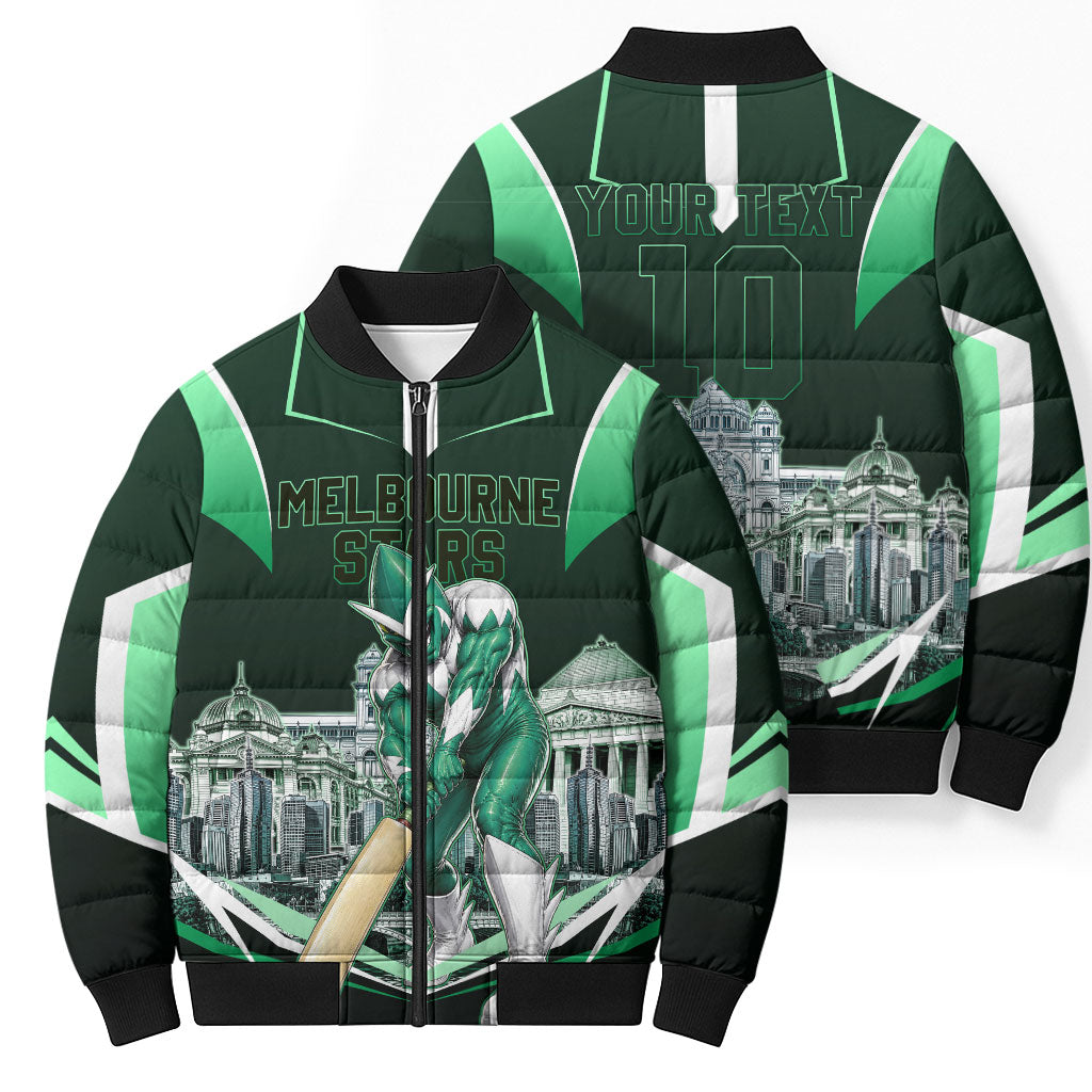 Personalised Melbourne Stars Cricket Mascot Skyline Bomber Puffer Jacket Comic Style Superhero Mascot Fan Art Graphic