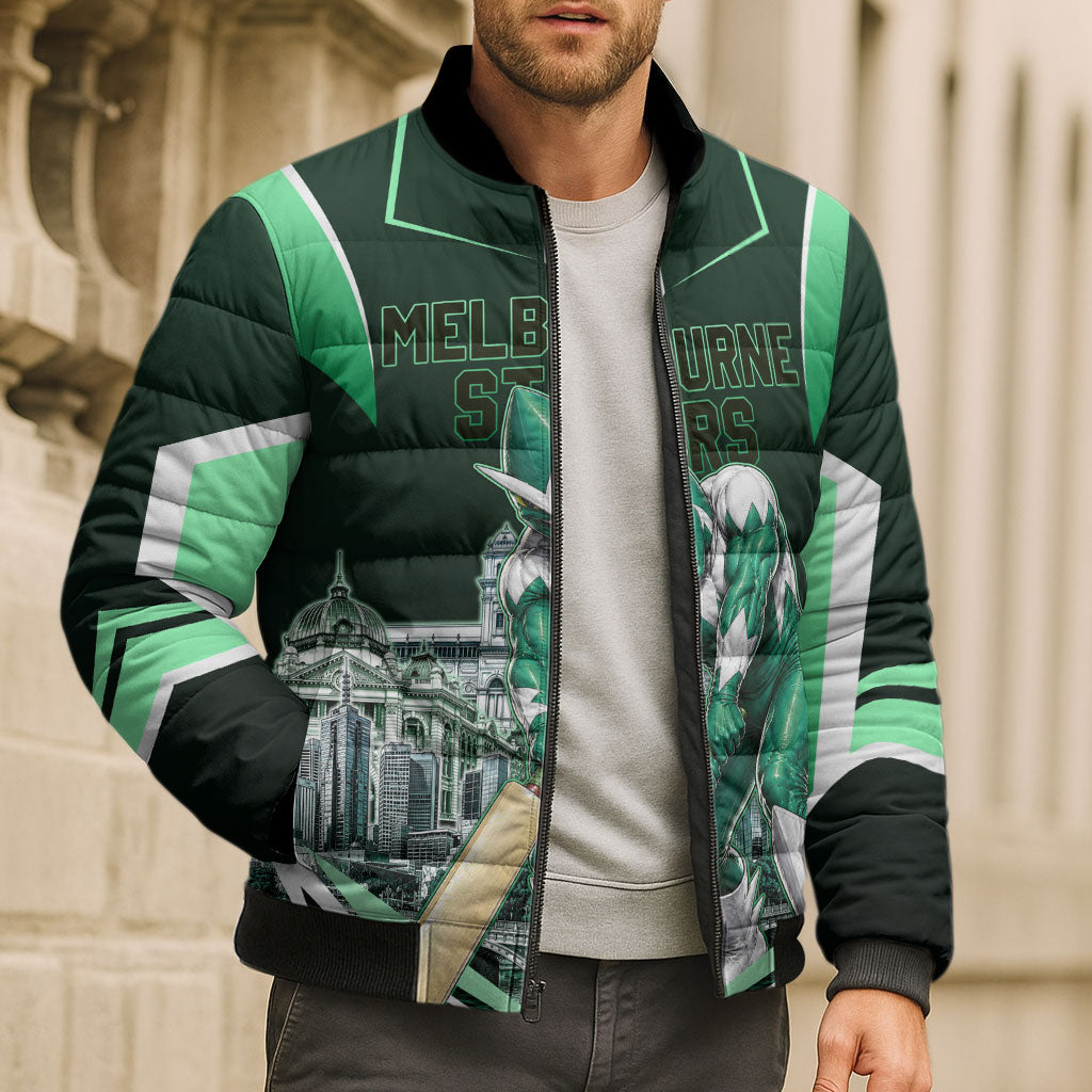 Personalised Melbourne Stars Cricket Mascot Skyline Bomber Puffer Jacket Comic Style Superhero Mascot Fan Art Graphic