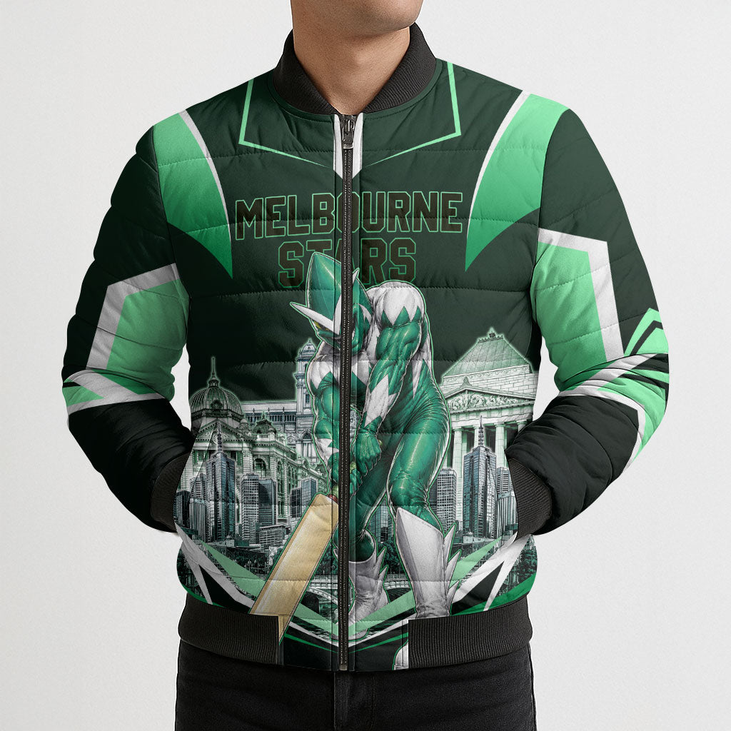 Personalised Melbourne Stars Cricket Mascot Skyline Bomber Puffer Jacket Comic Style Superhero Mascot Fan Art Graphic