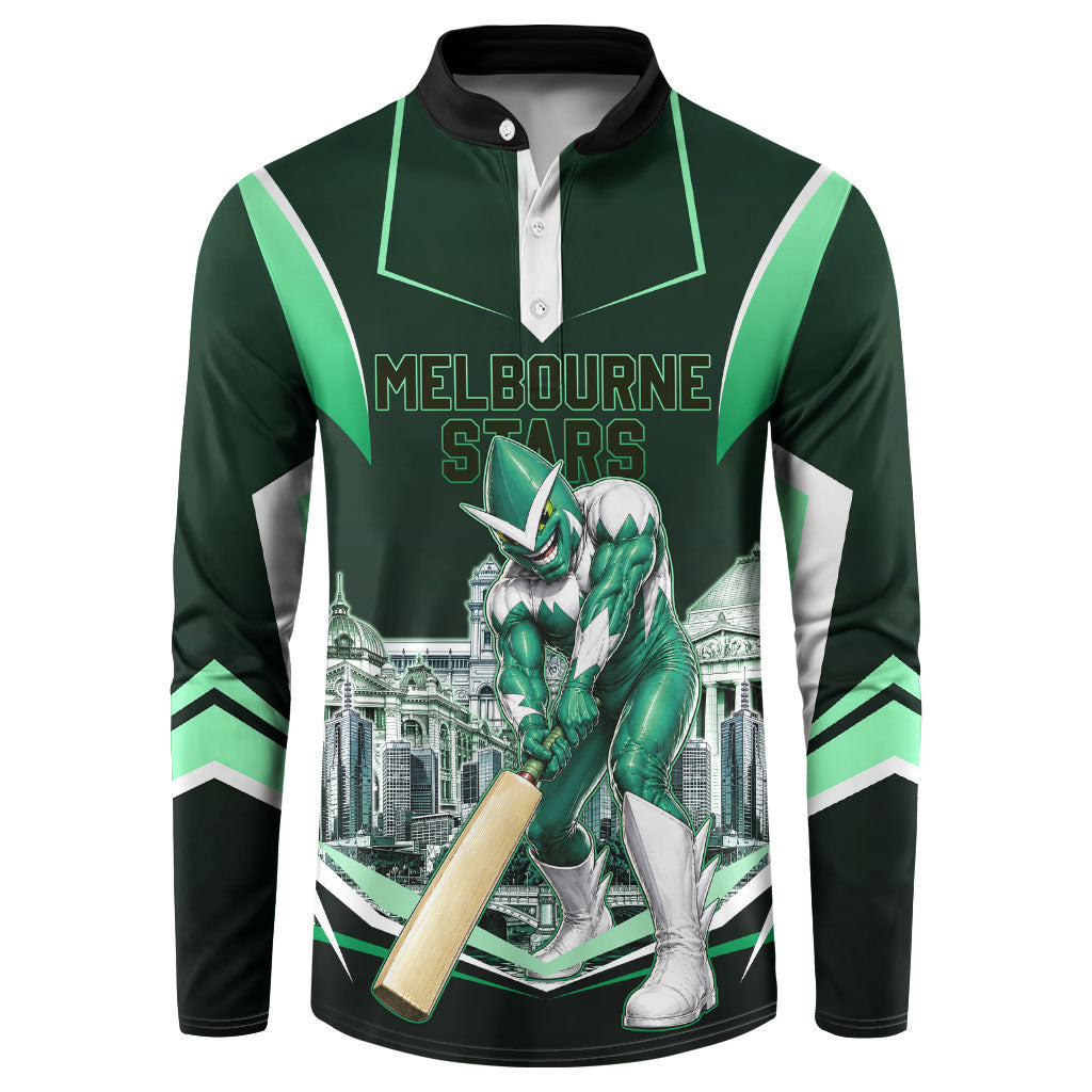 Personalised Melbourne Stars Cricket Mascot Skyline Button Sweatshirt Comic Style Superhero Mascot Fan Art Graphic