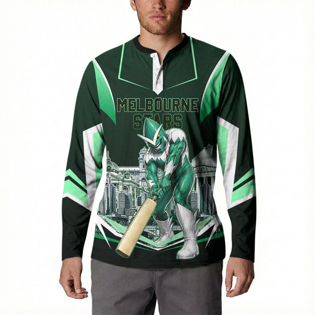 Personalised Melbourne Stars Cricket Mascot Skyline Button Sweatshirt Comic Style Superhero Mascot Fan Art Graphic