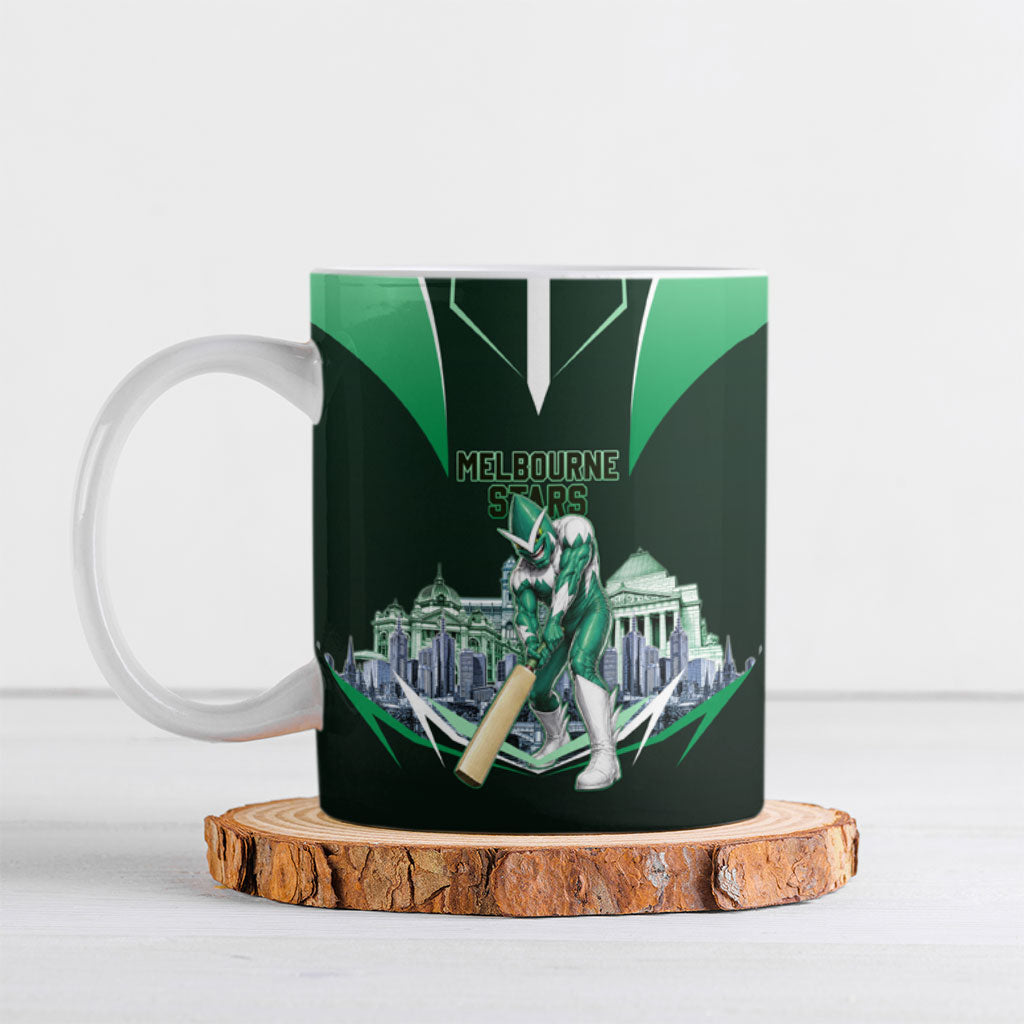 Personalised Melbourne Stars Cricket Mascot Skyline Ceramic Mug Comic Style Superhero Mascot Fan Art Graphic