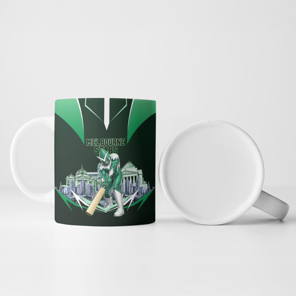 Personalised Melbourne Stars Cricket Mascot Skyline Ceramic Mug Comic Style Superhero Mascot Fan Art Graphic